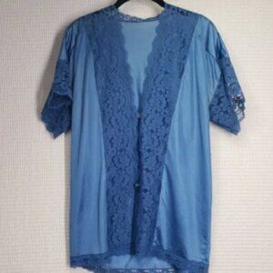 Vintage 80s Lady Dallas Cameo Satin Sleep Shirt Women Medium Blue Lace Lingerie